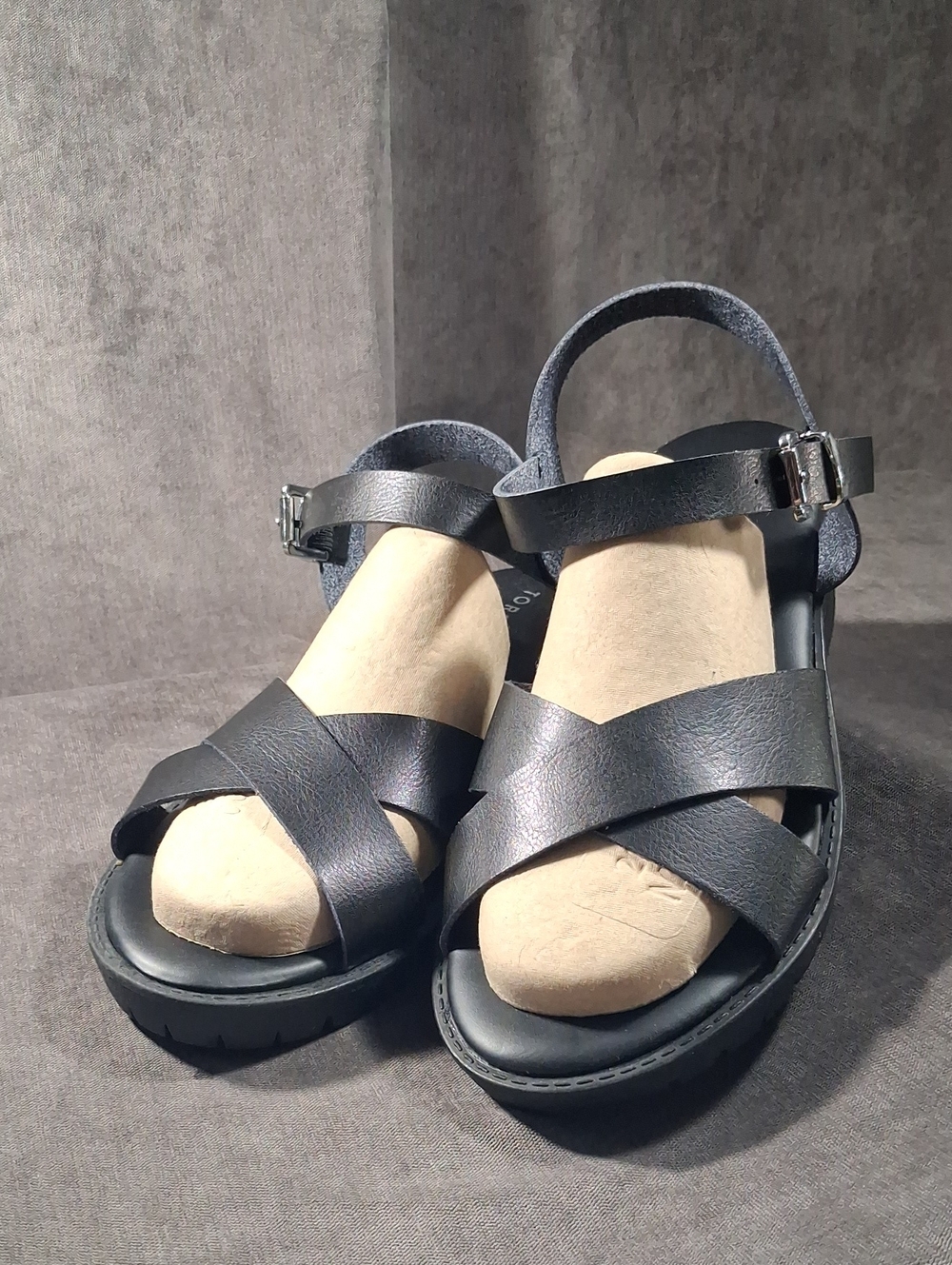 Torrid Black PU Faux Leather Lug Sole Stacked Heel Buckle Sandals NWT US 9.5WW
